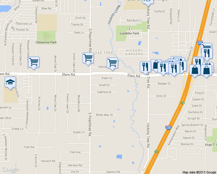 map of restaurants, bars, coffee shops, grocery stores, and more near 11514 Small Drive in Balch Springs