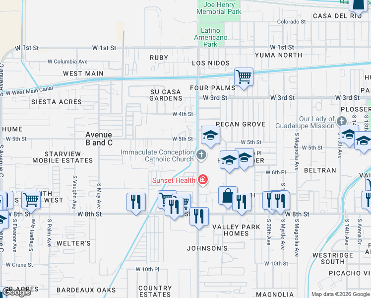 map of restaurants, bars, coffee shops, grocery stores, and more near 2601 Clowser Avenue in Yuma