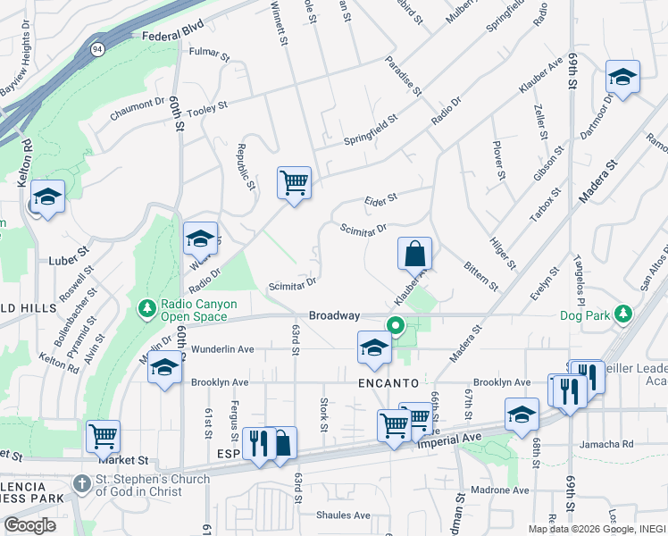 map of restaurants, bars, coffee shops, grocery stores, and more near 1230 Wren Street in San Diego
