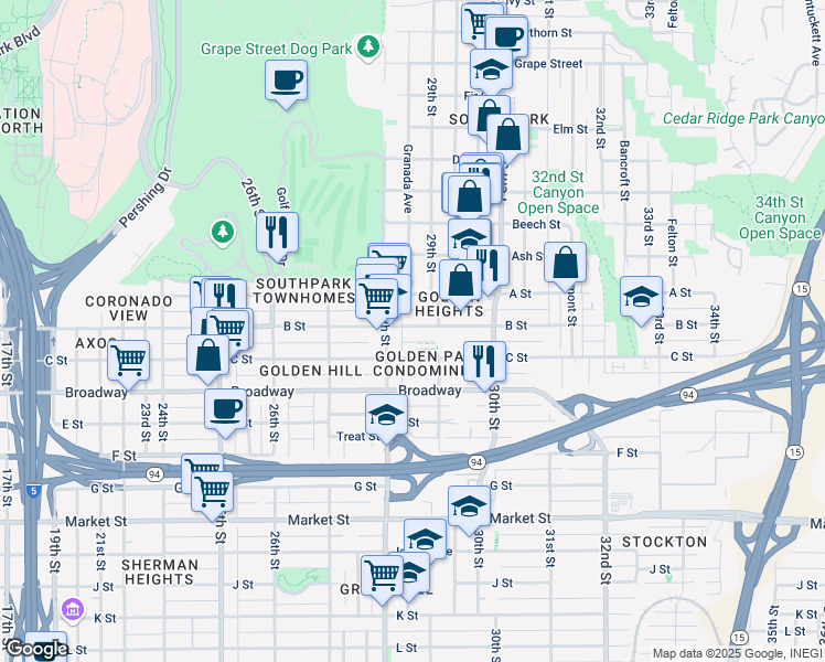 map of restaurants, bars, coffee shops, grocery stores, and more near 2808 B Street in San Diego