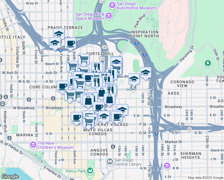 map of restaurants, bars, coffee shops, grocery stores, and more near 1112 B Street in San Diego