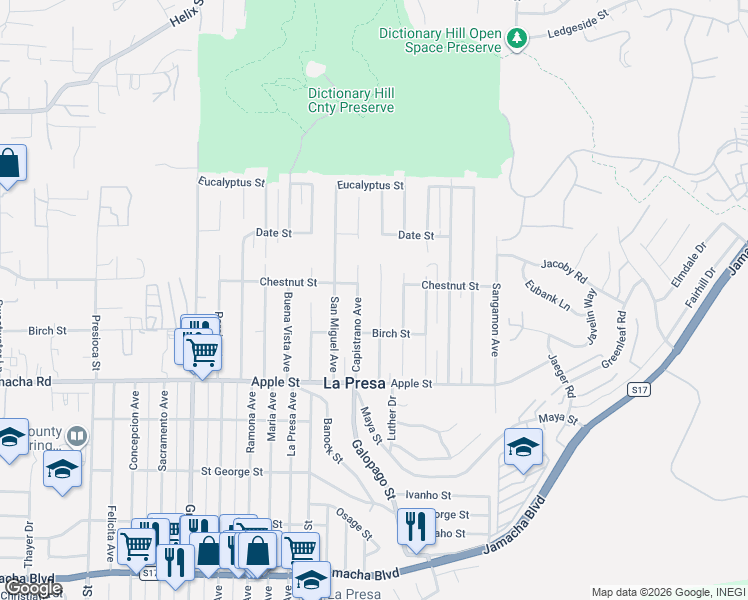 map of restaurants, bars, coffee shops, grocery stores, and more near 1312 Portola Avenue in Spring Valley