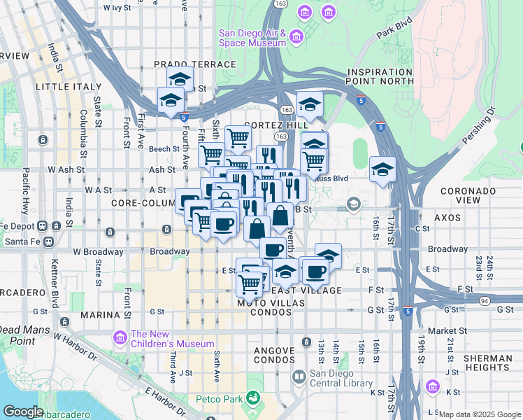 map of restaurants, bars, coffee shops, grocery stores, and more near B Street & 9th Avenue in San Diego