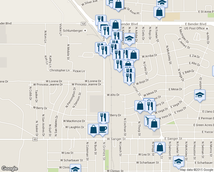 map of restaurants, bars, coffee shops, grocery stores, and more near 1700 North Grimes Street in Hobbs
