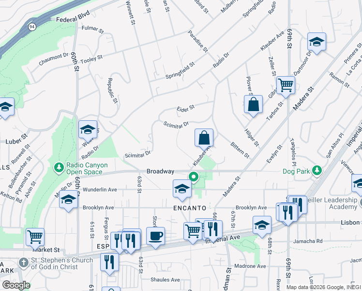 map of restaurants, bars, coffee shops, grocery stores, and more near 1191 Wren Street in San Diego