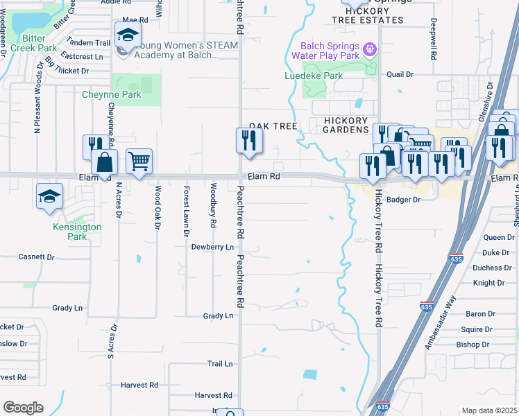map of restaurants, bars, coffee shops, grocery stores, and more near 11424 Small Drive in Balch Springs