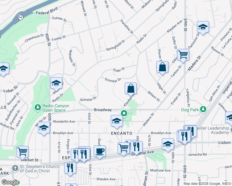 map of restaurants, bars, coffee shops, grocery stores, and more near 1191 Wren Street in San Diego