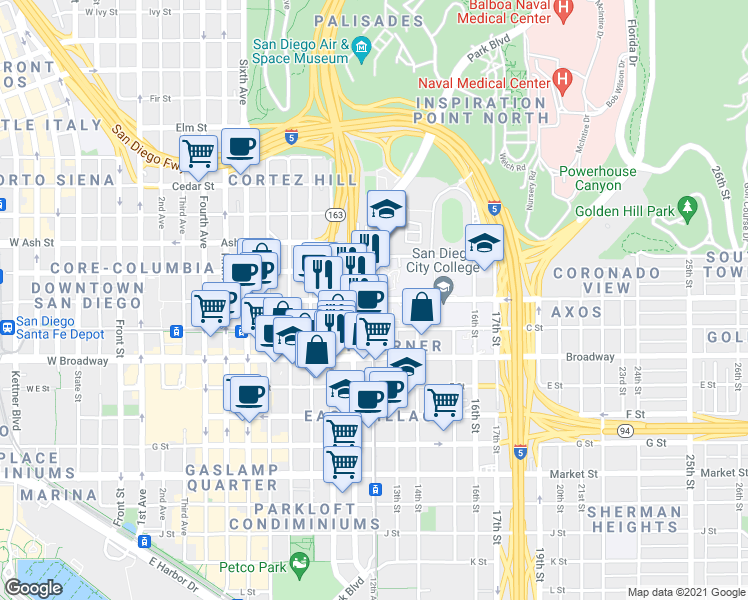 map of restaurants, bars, coffee shops, grocery stores, and more near Park Blvd & W 12th Ave in San Diego