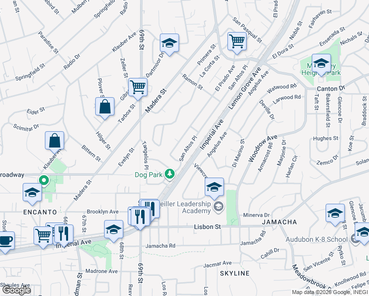 map of restaurants, bars, coffee shops, grocery stores, and more near 1434 San Altos Place in Lemon Grove