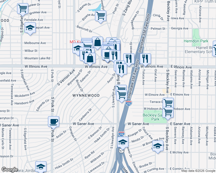map of restaurants, bars, coffee shops, grocery stores, and more near 2445 Anzio Drive in Dallas