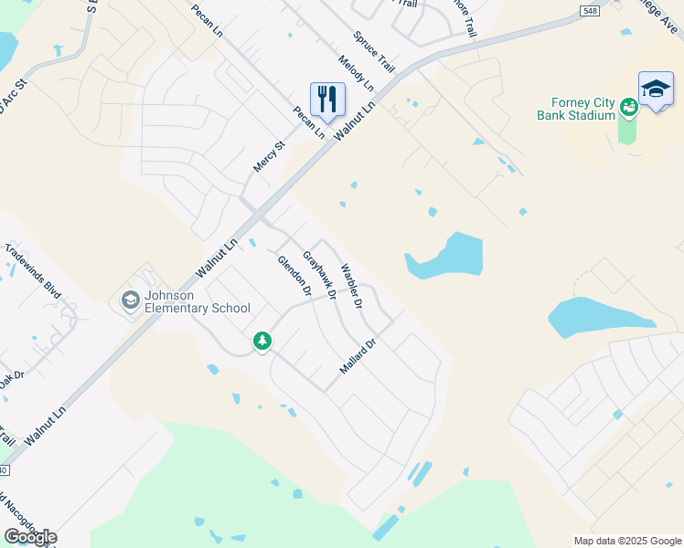 map of restaurants, bars, coffee shops, grocery stores, and more near 1137 Warbler Drive in Forney