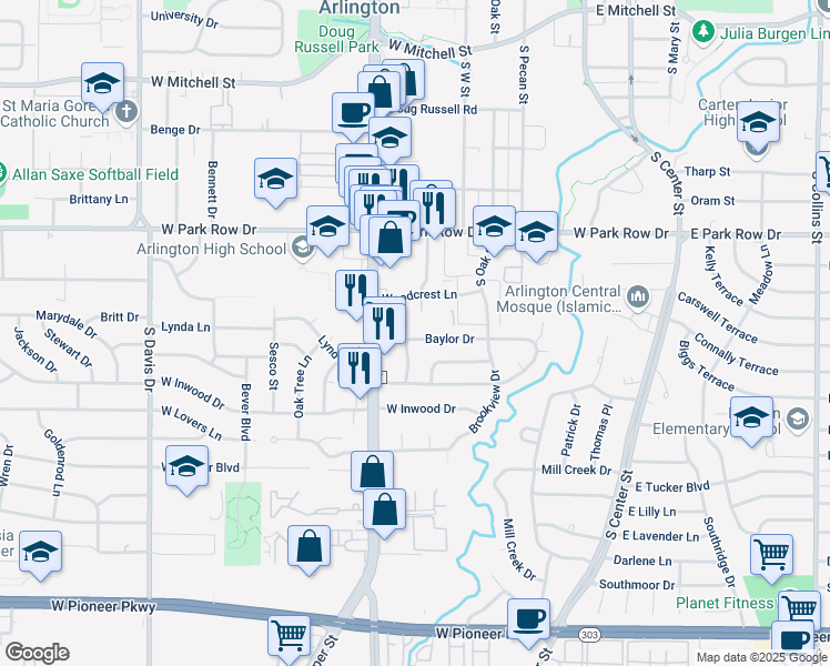 map of restaurants, bars, coffee shops, grocery stores, and more near 529 Baylor Dr in Arlington
