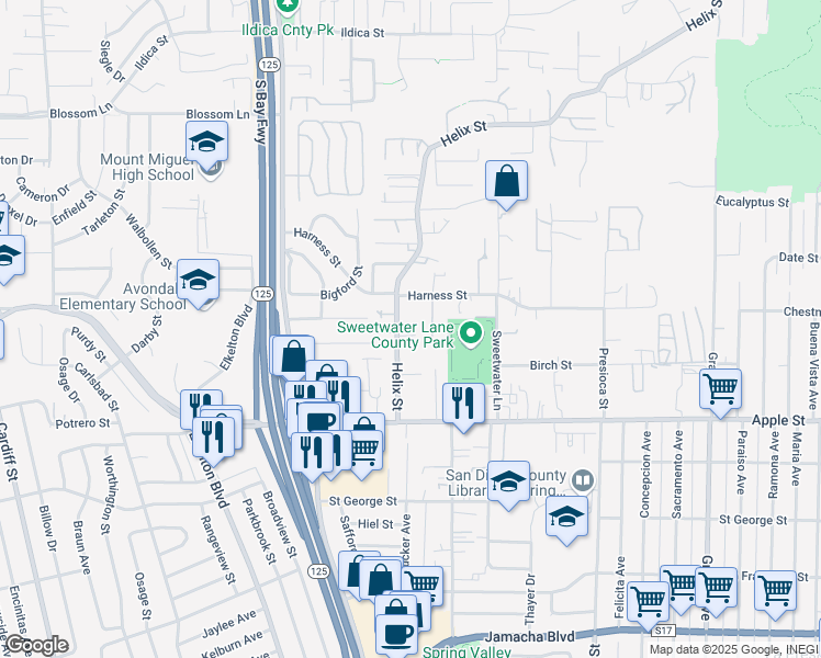map of restaurants, bars, coffee shops, grocery stores, and more near 1333 Helix Street in Spring Valley