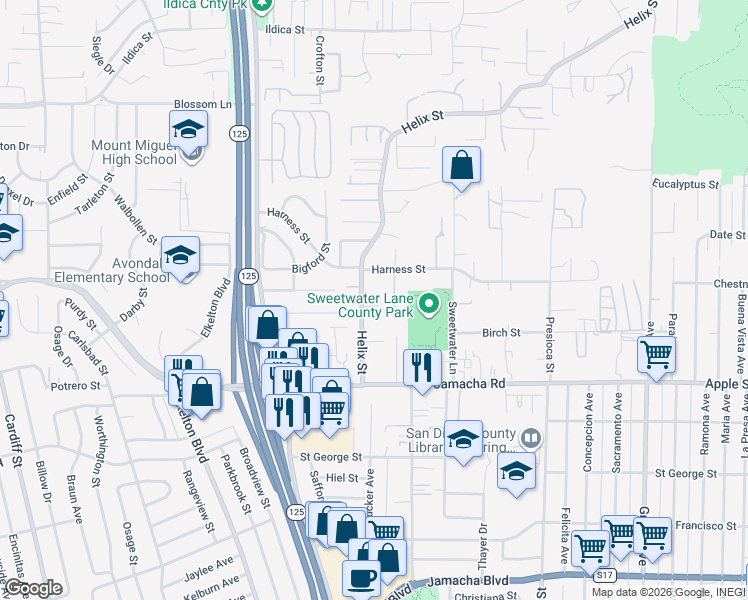 map of restaurants, bars, coffee shops, grocery stores, and more near 1333 Helix Street in Spring Valley