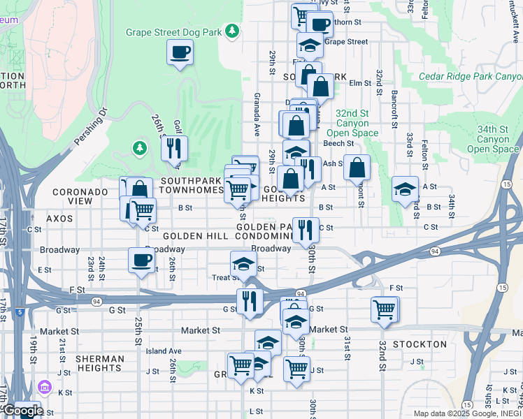 map of restaurants, bars, coffee shops, grocery stores, and more near 2843 B Street in San Diego