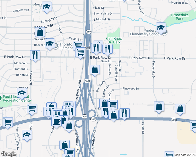 map of restaurants, bars, coffee shops, grocery stores, and more near 1703 Homemaker Hills Drive in Arlington