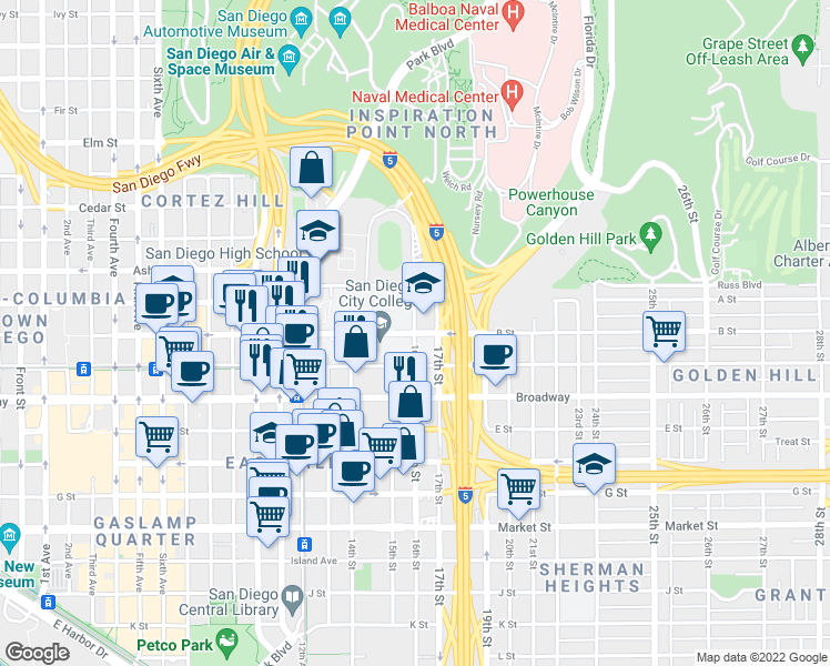 map of restaurants, bars, coffee shops, grocery stores, and more near 1601 B St in San Diego