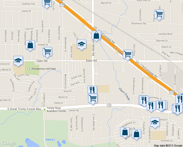 map of restaurants, bars, coffee shops, grocery stores, and more near 7035 Antler Avenue in Dallas