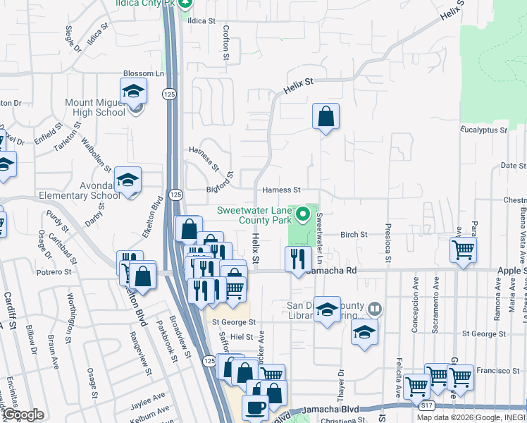 map of restaurants, bars, coffee shops, grocery stores, and more near 1333 Helix Street in Spring Valley