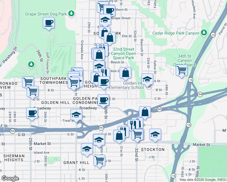 map of restaurants, bars, coffee shops, grocery stores, and more near 3043 B Street in San Diego
