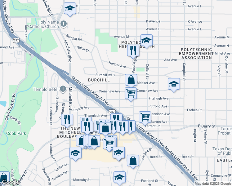 map of restaurants, bars, coffee shops, grocery stores, and more near 2928 Crenshaw Avenue in Fort Worth