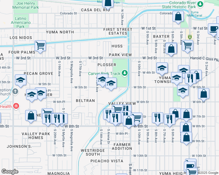 map of restaurants, bars, coffee shops, grocery stores, and more near 1341 West 5th Street in Yuma