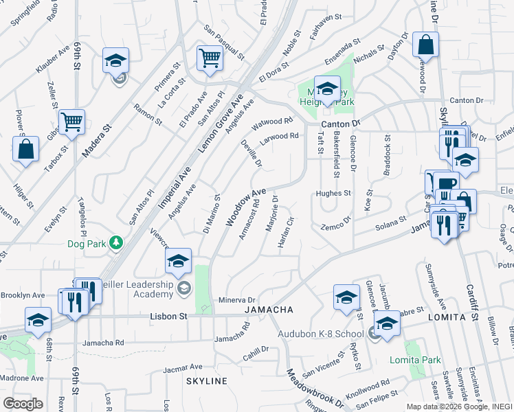 map of restaurants, bars, coffee shops, grocery stores, and more near Armacost Road in San Diego