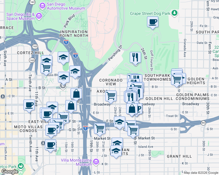 map of restaurants, bars, coffee shops, grocery stores, and more near B Street & 22nd Street in San Diego