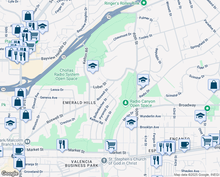 map of restaurants, bars, coffee shops, grocery stores, and more near 5823 Roswell Street in San Diego