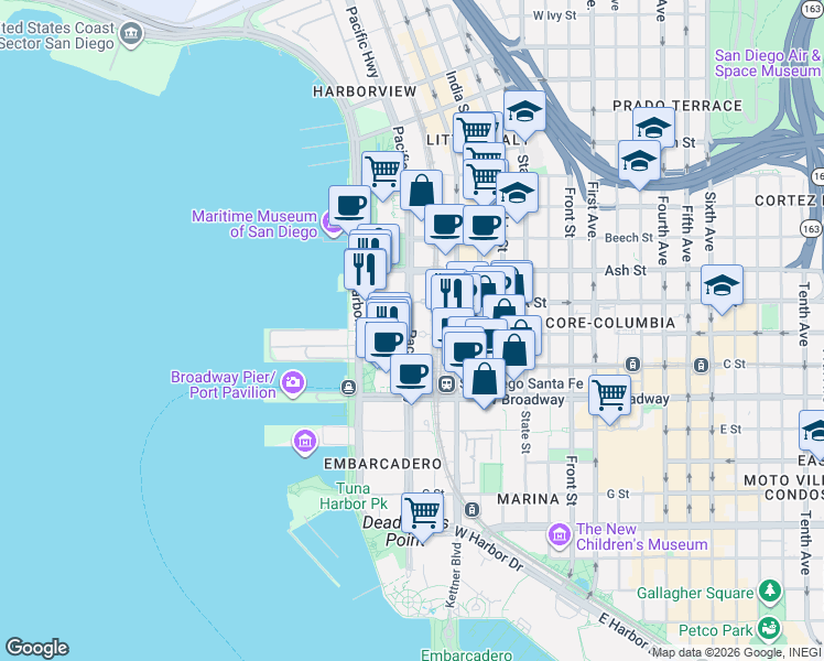 map of restaurants, bars, coffee shops, grocery stores, and more near 900 Bayfront Court in San Diego