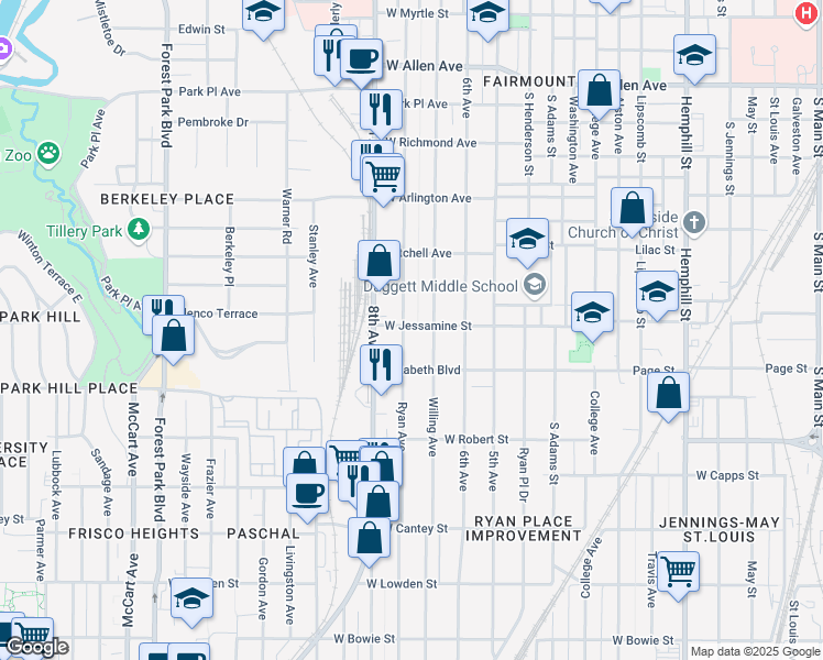 map of restaurants, bars, coffee shops, grocery stores, and more near 1461 West Jessamine Street in Fort Worth