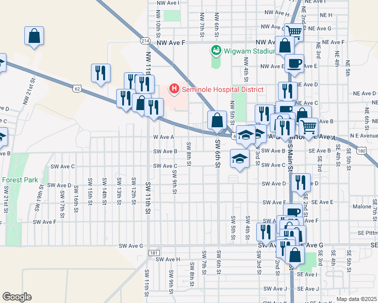 map of restaurants, bars, coffee shops, grocery stores, and more near 800 Southwest Avenue B in Seminole