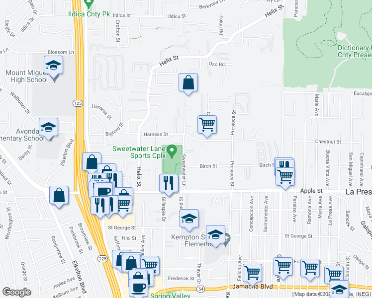 map of restaurants, bars, coffee shops, grocery stores, and more near 1415 Sweetwater Lane in Spring Valley