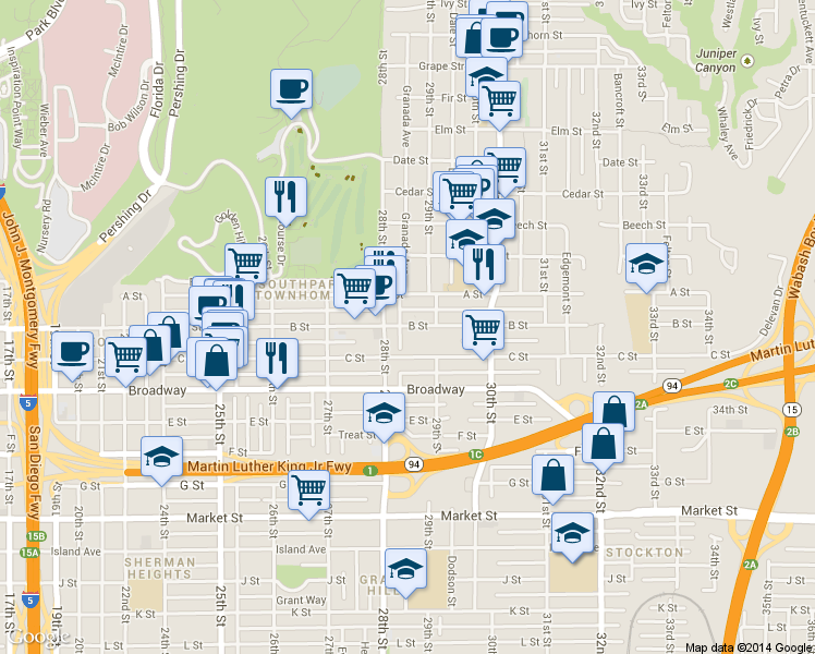 map of restaurants, bars, coffee shops, grocery stores, and more near 2808 B Street in San Diego