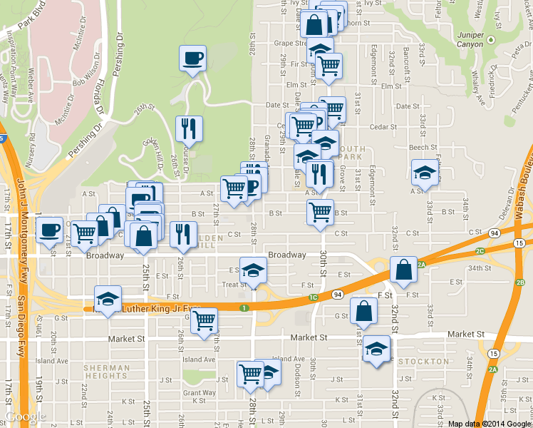 map of restaurants, bars, coffee shops, grocery stores, and more near 2808 B Street in San Diego