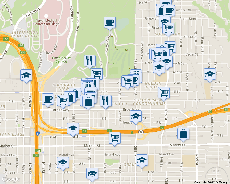 map of restaurants, bars, coffee shops, grocery stores, and more near 2672 B Street in San Diego