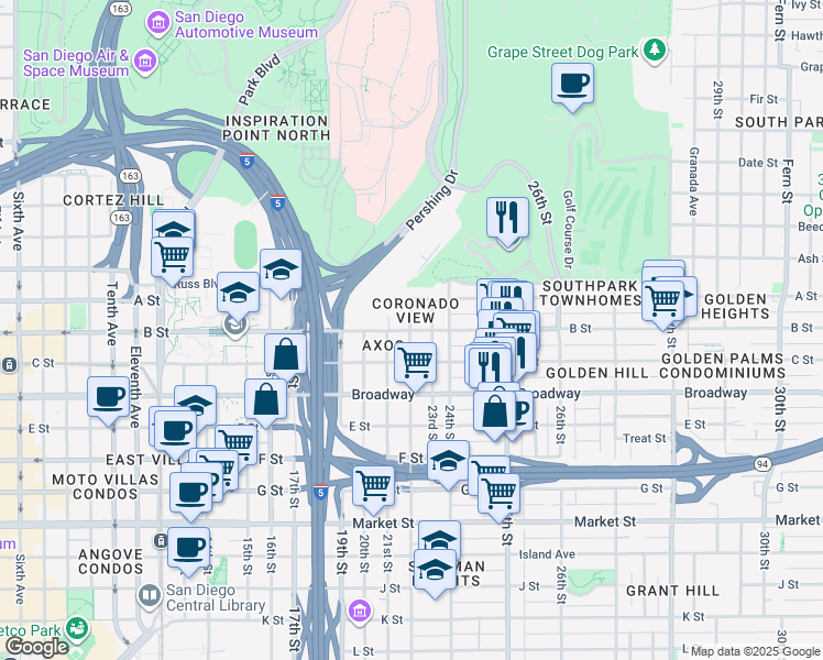 map of restaurants, bars, coffee shops, grocery stores, and more near 2208 B Street in San Diego