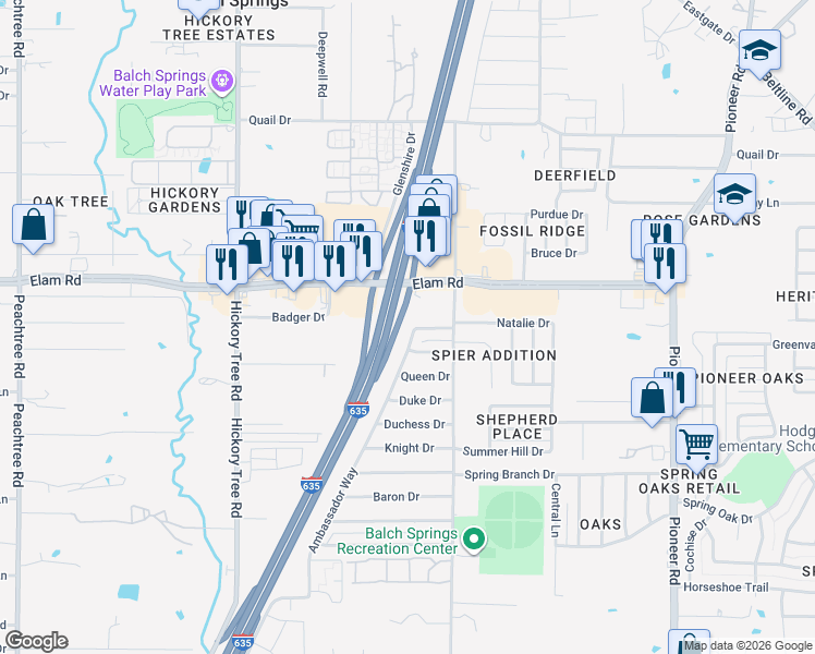 map of restaurants, bars, coffee shops, grocery stores, and more near 3733 Ambassador Way in Balch Springs
