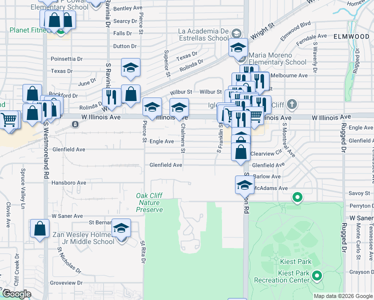 map of restaurants, bars, coffee shops, grocery stores, and more near 2603 Clearview Circle in Dallas