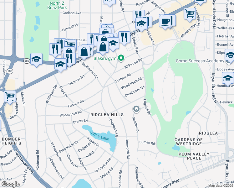 map of restaurants, bars, coffee shops, grocery stores, and more near 3900 Pelham Road in Fort Worth
