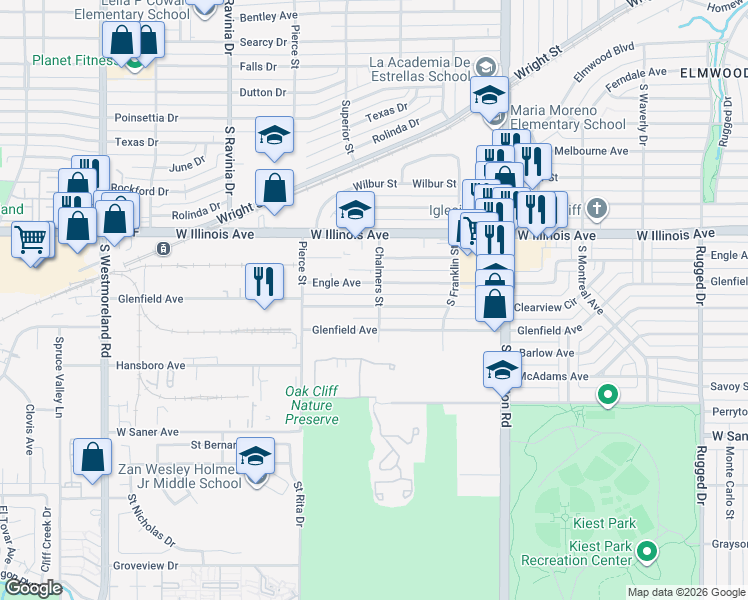 map of restaurants, bars, coffee shops, grocery stores, and more near 2603 Clearview Circle in Dallas
