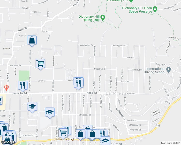 map of restaurants, bars, coffee shops, grocery stores, and more near 1311 Ramona Avenue in Spring Valley