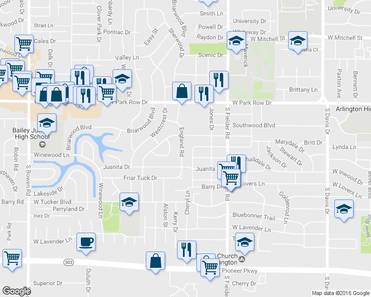 map of restaurants, bars, coffee shops, grocery stores, and more near 1709 England Road in Arlington