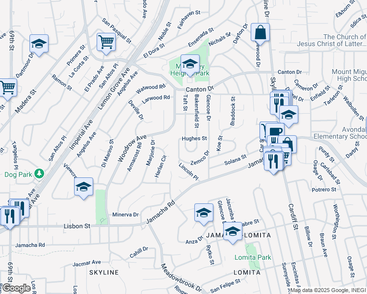 map of restaurants, bars, coffee shops, grocery stores, and more near 1368 Lincoln Place in San Diego