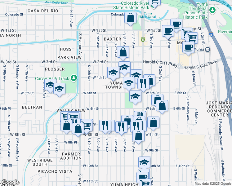 map of restaurants, bars, coffee shops, grocery stores, and more near 700 West 5th Street in Yuma