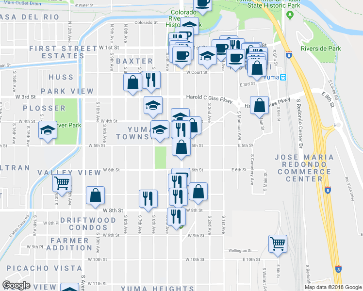 map of restaurants, bars, coffee shops, grocery stores, and more near 400 West 5th Street in Yuma