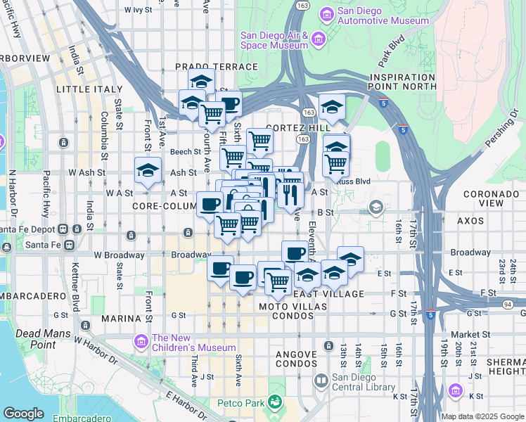 map of restaurants, bars, coffee shops, grocery stores, and more near 750 B Street in San Diego