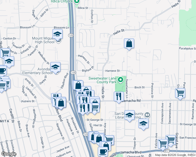 map of restaurants, bars, coffee shops, grocery stores, and more near 1350 Helix Street in Spring Valley