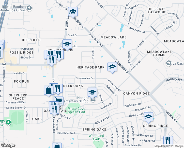 map of restaurants, bars, coffee shops, grocery stores, and more near 13244 Kings Mountain Drive in Balch Springs