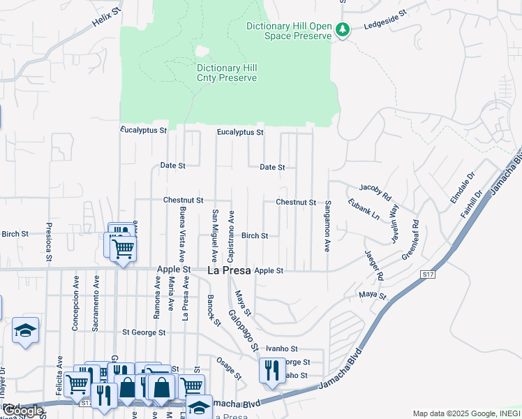 map of restaurants, bars, coffee shops, grocery stores, and more near 1315 Coronado Avenue in Spring Valley